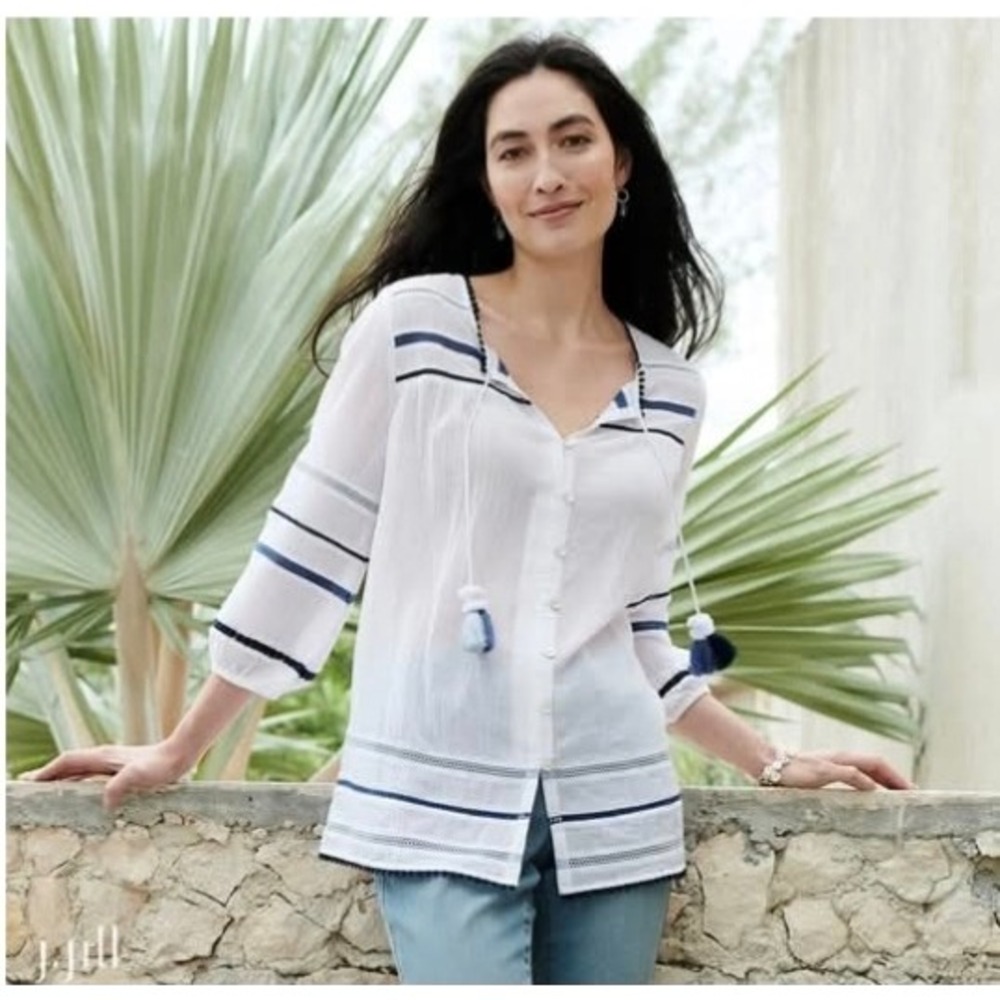 J.Jill White Cotton Gauze Tassel Peasant Blouse Boho Top Size Medium